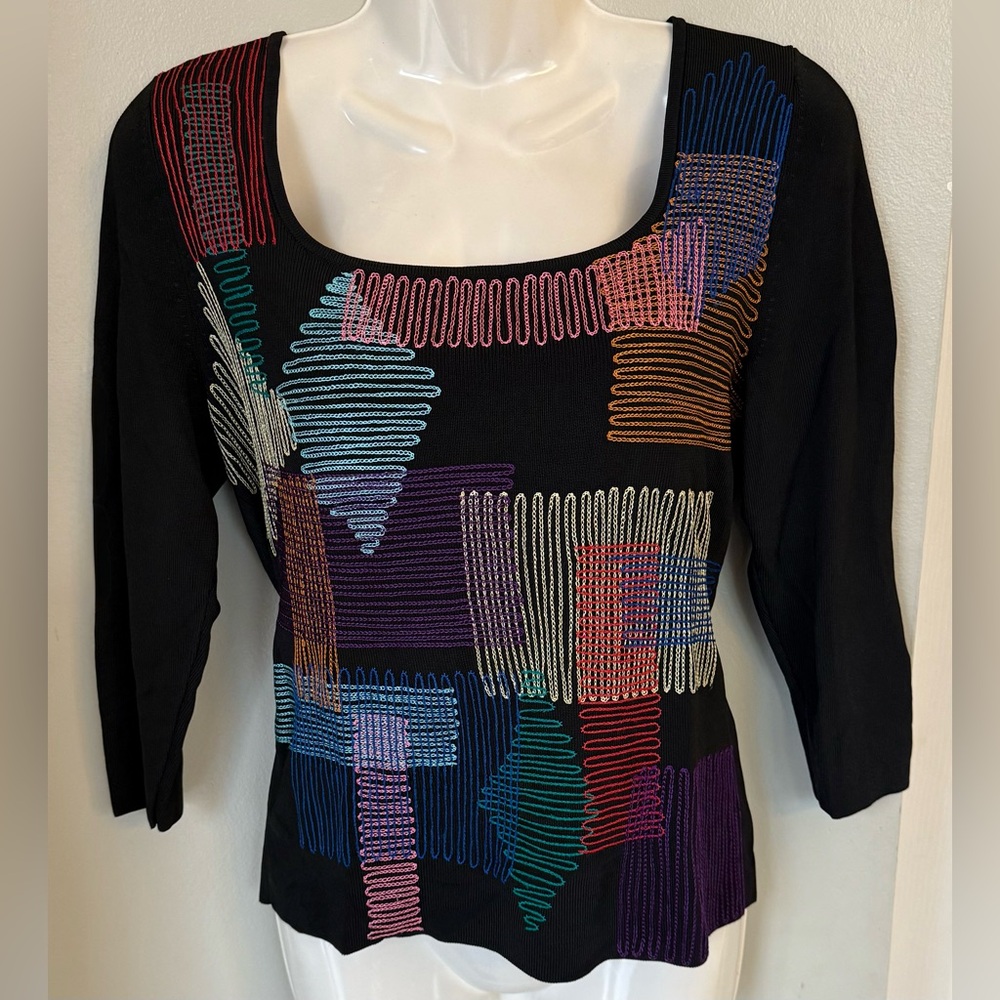 Vintage 90s Y2K Black Top S Slinky Stretch Travel Top Women’s 4 6 Colorful Geo